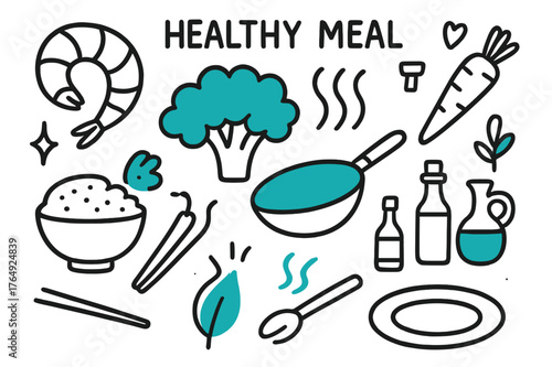 Healthy Meal Doodle. // Healthy meal. Hand-drawn doodle illustration Healthy meal [shrimp (accented), broccoli (accented), carrot, wok (accented), soy sauce,