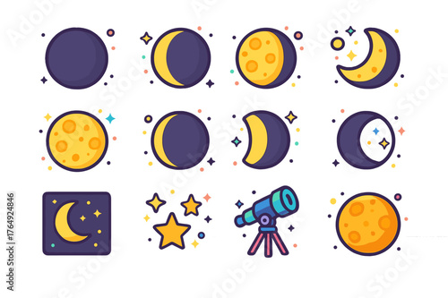 Isometric Moon Phases Icons. Moon cycle. Colorful isometric vector icons set of moon cycle: new moon, waxing crescent, first quarter, waxing gibbous, full