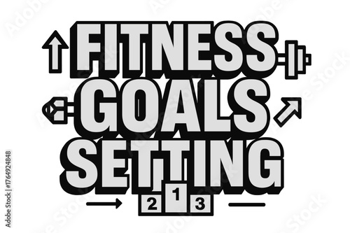 Bold Fitness Goals. Bold Block Lettering ? "Fitness Goals Setting" in massive bold geometric letters, stacked block composition, heavy outlines with subtle
