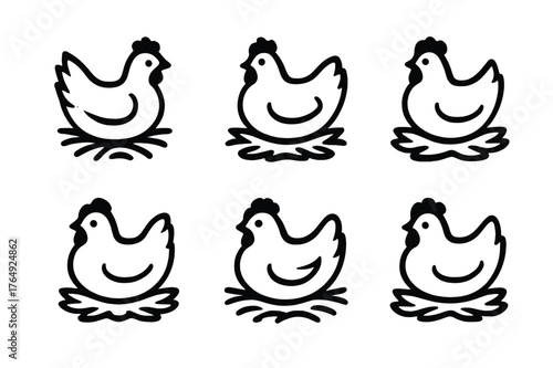 Nesting Chickens Icons. Chickens in Coop. Set Logo of Nesting Chickens: Minimal outline, Negative space, Flat solid, Symmetrical form, Stylized detail, Iconic