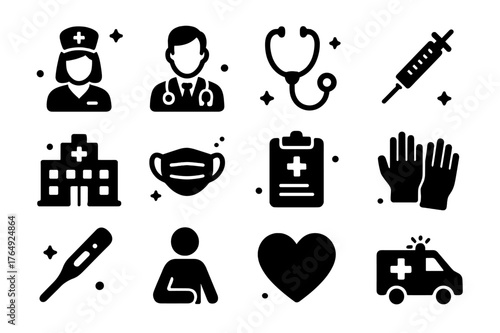 Medical Icons Grid. Medical Professionals. Solid icons set of Medical Professionals: nurse, doctor, stethoscope, syringe, hospital building, medical mask,