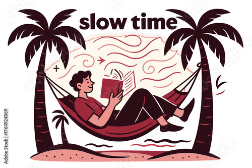 Beach Hammock Reading. Beach Vacation ? Hammock Reading. A person sways between palms; pages flutter gently while breeze lines curl across the scene. Caption