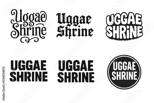 Uggae Shrine Emblem Styles. Uggae Shrine. Set lettering. harmonious lettering variations of the same emblematic concept, each with different artistic