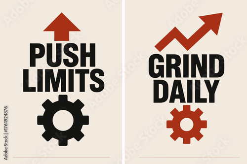 Brutalist Banners Display. Push limits. Two vertical A6 banners with safe margins, centered composition, no elements touching edges, brutalist, black and red,