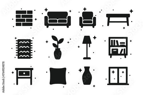 Modern Home Icons. Modern Home. Solid icons set of Modern Home: wooden floor, sofa, armchair, coffee table, rug, plant, floor lamp, bookshelf, side table,