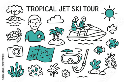 Tropical Adventure Icons. // Tropical jet ski tour. Hand-drawn doodle illustration Tropical jet ski tour [tour guide icon (accented), jet ski pair (accented),