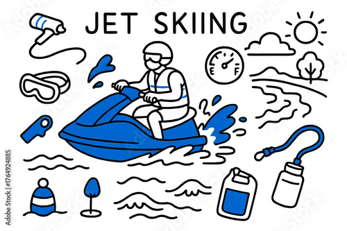 Jet Skiing Essentials. // Jet skiing. Hand-drawn doodle illustration Jet skiing [jet ski (accented), rider with life jacket (accented), throttle handle, spray