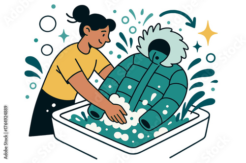 Washing Winter Coats. Washing winter coats. Person hand-washing a thick winter coat in a sink; abstract floating bubbles and splashes convey cleanliness and