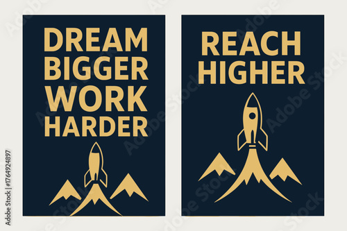 Inspiring Banners Duo. Dream bigger work harder. Two vertical A6 banners with safe margins, centered composition, no elements touching edges, bold, navy and