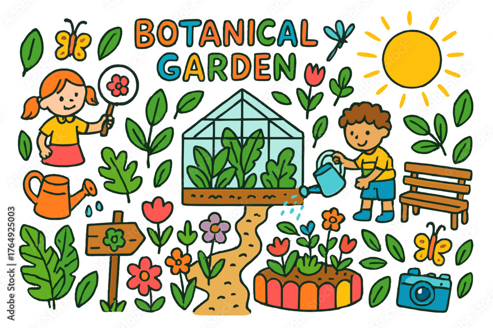 Fototapeta premium Botanical Garden Adventure. Botanical garden visit. Colorful Hand-drawn doodle Children illustration Botanical garden visit greenhouse, tropical plants, flower