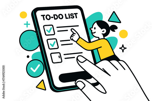 Efficient To-Do Creation. Creating a To-Do List on a Phone. Close-up of fingers adding items to a digital to-do list with floating abstract geometric icons and