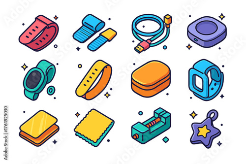 Colorful Wearable Icons. Wearable accessories. Colorful isometric vector icons set of Wearable accessories: watch band, magnetic clasp, charging cable,