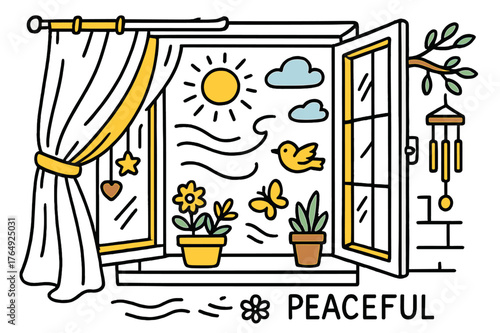 Serene Window View. Peaceful window. Hand-drawn doodle illustration open window (colored), curtain (colored), sunlight (colored), breeze lines (colored),