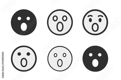 Shocked Emoji Logos. Shocked emoji. Set Logo of Shocked emoji: round face with O-mouth. harmonious logo variations of the same emblematic concept, each with