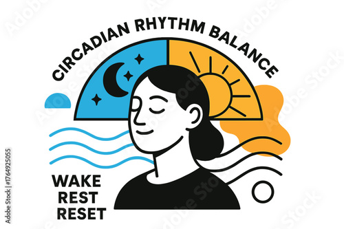 Circadian Harmony. Circadian Rhythm Balance. A sunrise clock arcs from night to day behind a calm face; ?Wake ? Rest ? Reset? floats in rhythm lines. Rays and