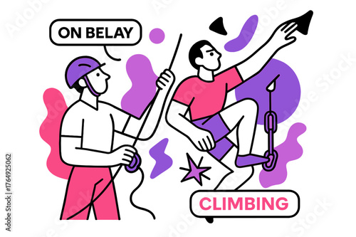 Climbing Focused Harmony. Belay & Clip Under Pressure. Belayer feeds rope, device hums; above, a climber reaches past a quickdraw with laser focus. ?On belay /