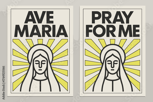 Bauhaus Prayer Banners. Ave Maria. Two vertical A6 banners with safe margins, centered composition, no elements touching edges, bauhaus, charcoal and neon
