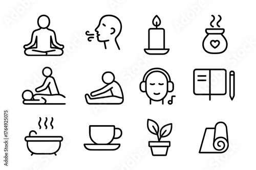 Relaxation Icons Set. Relaxation techniques. Line icon set of relaxation techniques: meditation pose, deep breathing, candle, aromatherapy, massage,
