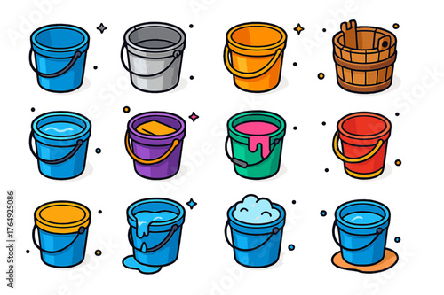 Colorful Bucket Icons. Water container. Colorful isometric vector icons set of water container: bucket with handle, metal bucket, plastic bucket, wooden
