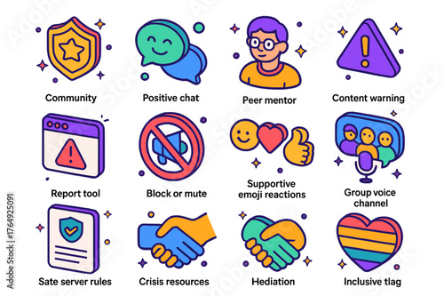 Colorful Community Icons. Online community support. Colorful isometric vector icons set of Online community support: community moderator badge, positive chat