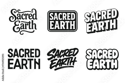 Harmonious Lettering Variations. Sacred Earth. Set lettering. harmonious lettering variations of the same emblematic concept (Whimsical curly type with