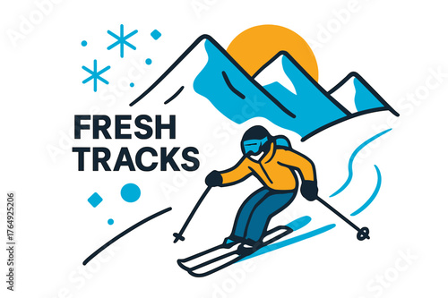 Bold Backcountry Skiing. Backcountry Descent. A lone skier drops into untouched powder, tiny against bold ridgelines. ?Fresh Tracks? floats beside drifting