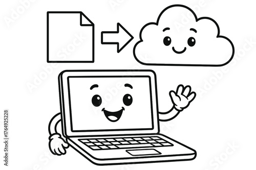 Laptop and Cloud Coloring. Uploading to the cloud children?s coloring book illustration, outlined drawing, a cheerful laptop sending a file with an arrow