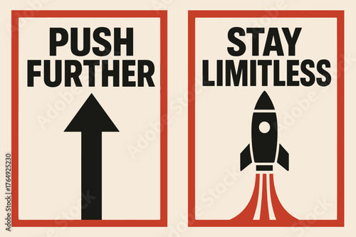 Brutalist Banners. Push further. Two vertical A6 banners with safe margins, centered composition, no elements touching edges, brutalist, black and red, objects