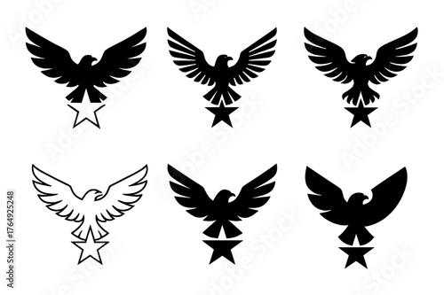 Altair Eagle Logos. Altair in Aquila. Set Logo of Altair in Aquila: soaring eagle over star. harmonious logo variations of the same emblematic concept, each
