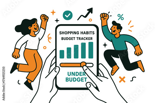 Modern Budget Tracker. Shopping Habits ? Budget Tracker. Hands adjust a tidy slider on a phone; bars rise and settle with a soft glow. Caption ?under budget?