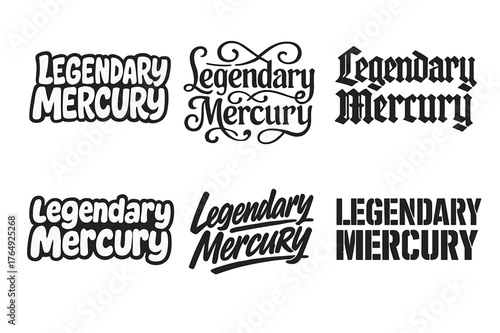 Typography Styles Grid. Legendary Mercury. Set lettering. harmonious lettering variations of the same emblematic concept (Funky cartoon-style lettering,