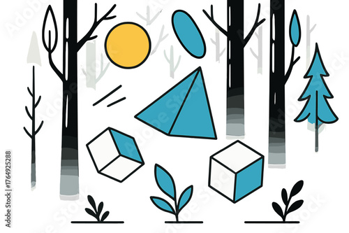 Misty Geometric Forest. Silent Forest. Misty forest with tall trees and floating abstract geometric shapes, calm and peaceful atmosphere. Modern flat-line