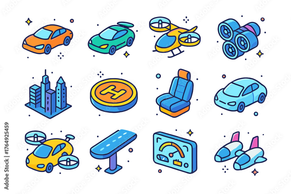 Obraz premium Colorful Sky Vehicle Icons. Sky vehicles. Colorful isometric vector icons set of sky vehicles: flying car, hover vehicle, air taxi, propulsion system, city