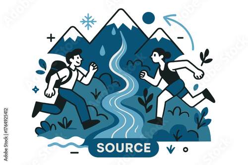 Source of Life. River Ecosystem ? Headwaters. Snowmelt drips from mountain peaks; narrow blue lines converge into a young stream. Label ?source? glows softly