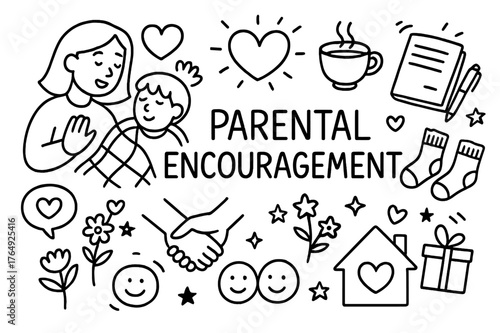 Parental Encouragement Doodle. Parental Encouragement. Hand-drawn doodle illustration Parental Encouragement mom cheering child, heart, blanket, cup of tea,