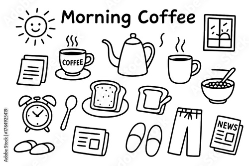 Morning Coffee Essentials. Morning Coffee. Hand-drawn doodle illustration Morning Coffee coffee cup, kettle, mug, breakfast, toast, cereal bowl, alarm clock,