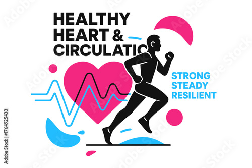 Healthy Heart Illustration. Healthy Heart & Circulation. A stylized heart beats behind a runner silhouette; pulse lines form geometric waves. Floating text