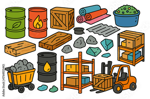 Colorful Raw Materials Icons. Raw materials. Colorful Hand-drawn doodle Children illustration Raw materials barrels, crates, fabric rolls, metal sheet, plastic