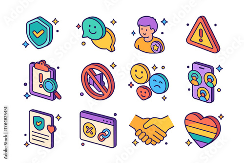 Colorful Community Icons. Online community support. Colorful isometric vector icons set of Online community support: community moderator badge, positive chat
