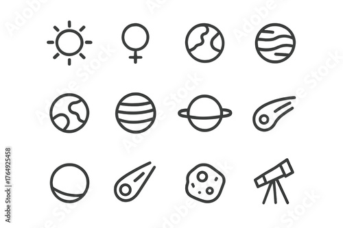 Celestial Bodies Icons. Celestial bodies. Line icon set of celestial bodies: sun, mercury, venus, earth, mars, jupiter, saturn, uranus, neptune, comet,