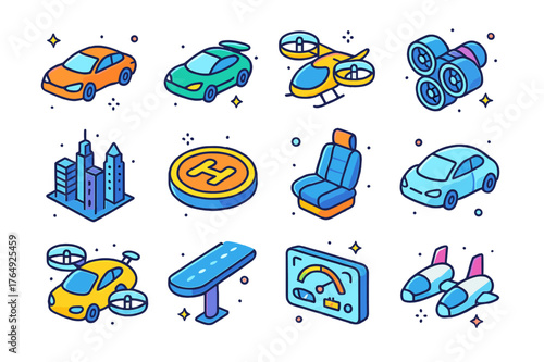 Colorful Sky Vehicle Icons. Sky vehicles. Colorful isometric vector icons set of sky vehicles: flying car, hover vehicle, air taxi, propulsion system, city