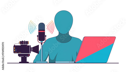 Vector illustration of content creator podcasting with microphone and laptop.