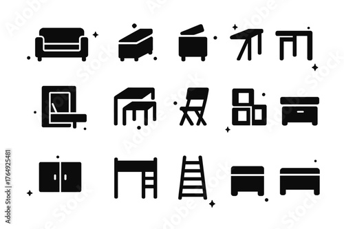Multi-Functional Furniture Icons. Multi-Functional Furniture. Solid icons set of Multi-Functional Furniture: sofa bed, storage ottoman, foldable