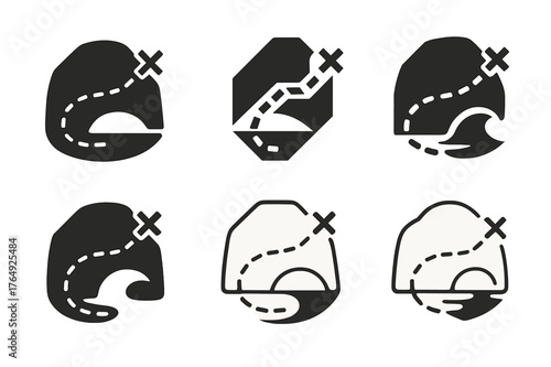 Smuggler's Route Logos. Smuggler?s route. Set Logo of Smuggler?s route: dashed line to hidden cove. harmonious logo variations of the same emblematic concept,