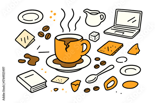 Mug Mishap Illustration. Mug accident. Hand-drawn doodle illustration chipped mug (colored), coffee steam (colored), saucer (colored), coffee beans (colored),