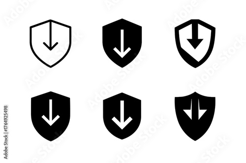 Risk Shield Logos. Risk of loss. Set Logo of Risk of loss: broken shield with downward arrow. harmonious logo variations of the same emblematic concept, each