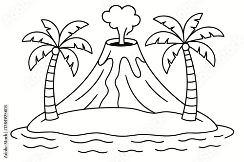 Volcano Island Coloring Page. Island volcano children?s coloring book illustration, outlined drawing, a peaceful cone-shaped volcano on a tiny island with palm