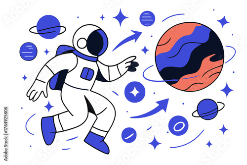Futuristic Mars Exploration. Space exploration. Astronaut viewing Mars from orbit; abstract floating planet icons, stars, and lines suggest discovery and