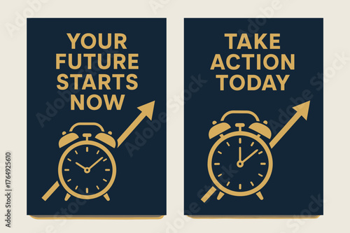 Future & Action Banners. Your future starts now. Two vertical A6 banners with safe margins, centered composition, no elements touching edges, bold, navy and