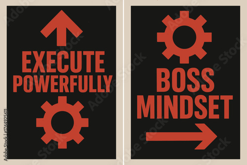 Brutalist Banner Design. Execute powerfully. Two vertical A6 banners with safe margins, centered composition, no elements touching edges, brutalist, black and